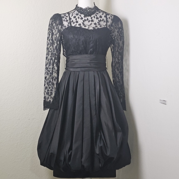 Vintage The Gilberts for Tally NY Black Lace & Taffeta Bubble Hem Cocktail Dress - Picture 1 of 16